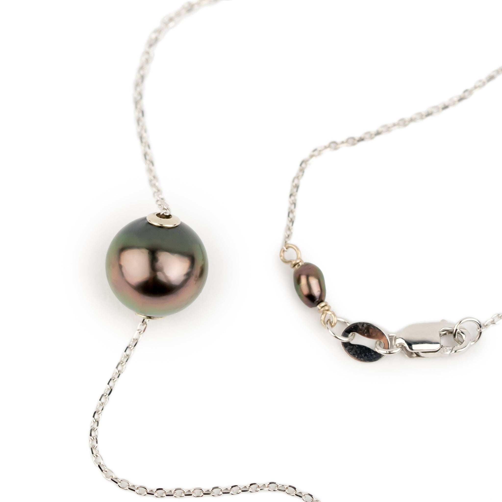 Aubergine Green 9mm Pearl Solitaire Necklace on 14K White Gold