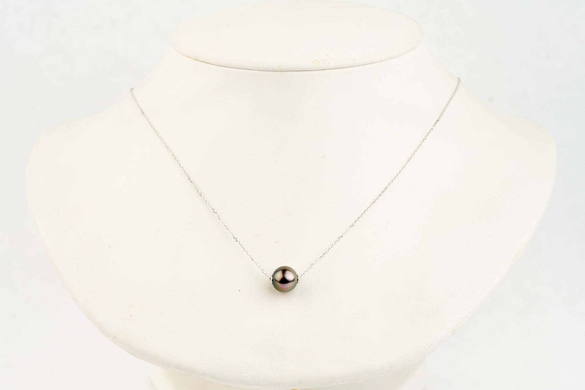 Aubergine Green 9mm Pearl Solitaire Necklace on 14K White Gold