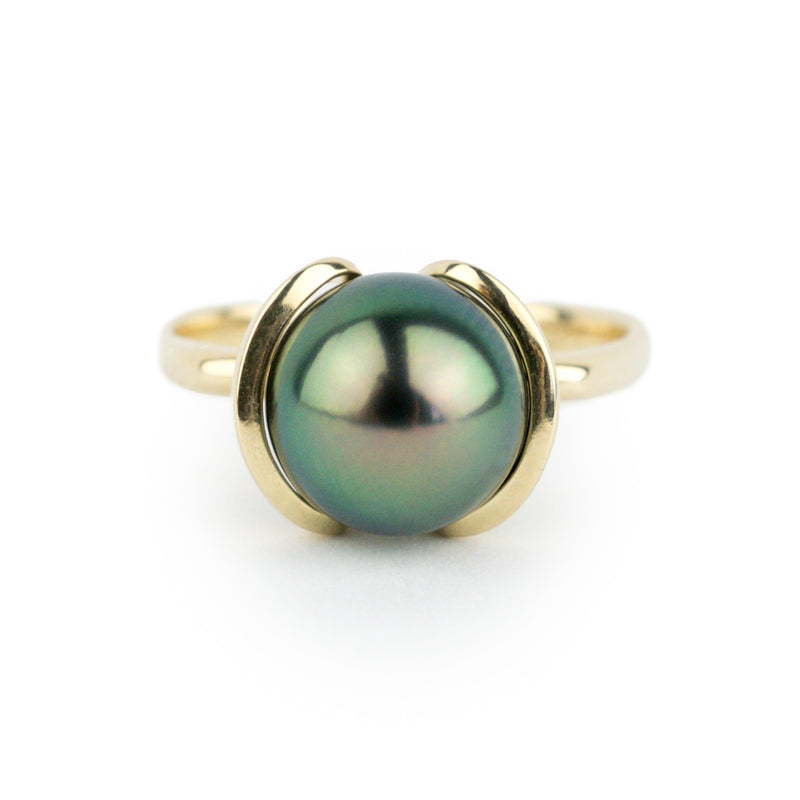 Peacock Green Tahitian Pearl Petal Ring