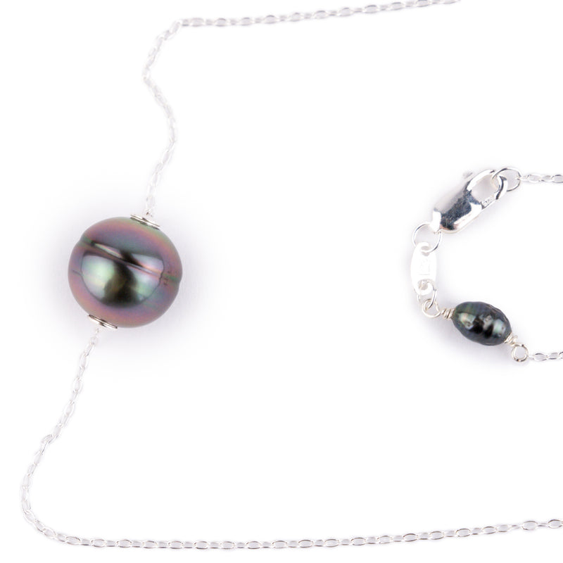 Metallic Circled 10.2mm Tahitian Pearl Solitaire Necklace on Sterling Silver