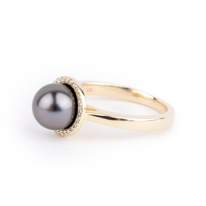 Custom Tahitian Pearl & Diamond Halo Ring Sizes 5 to 9