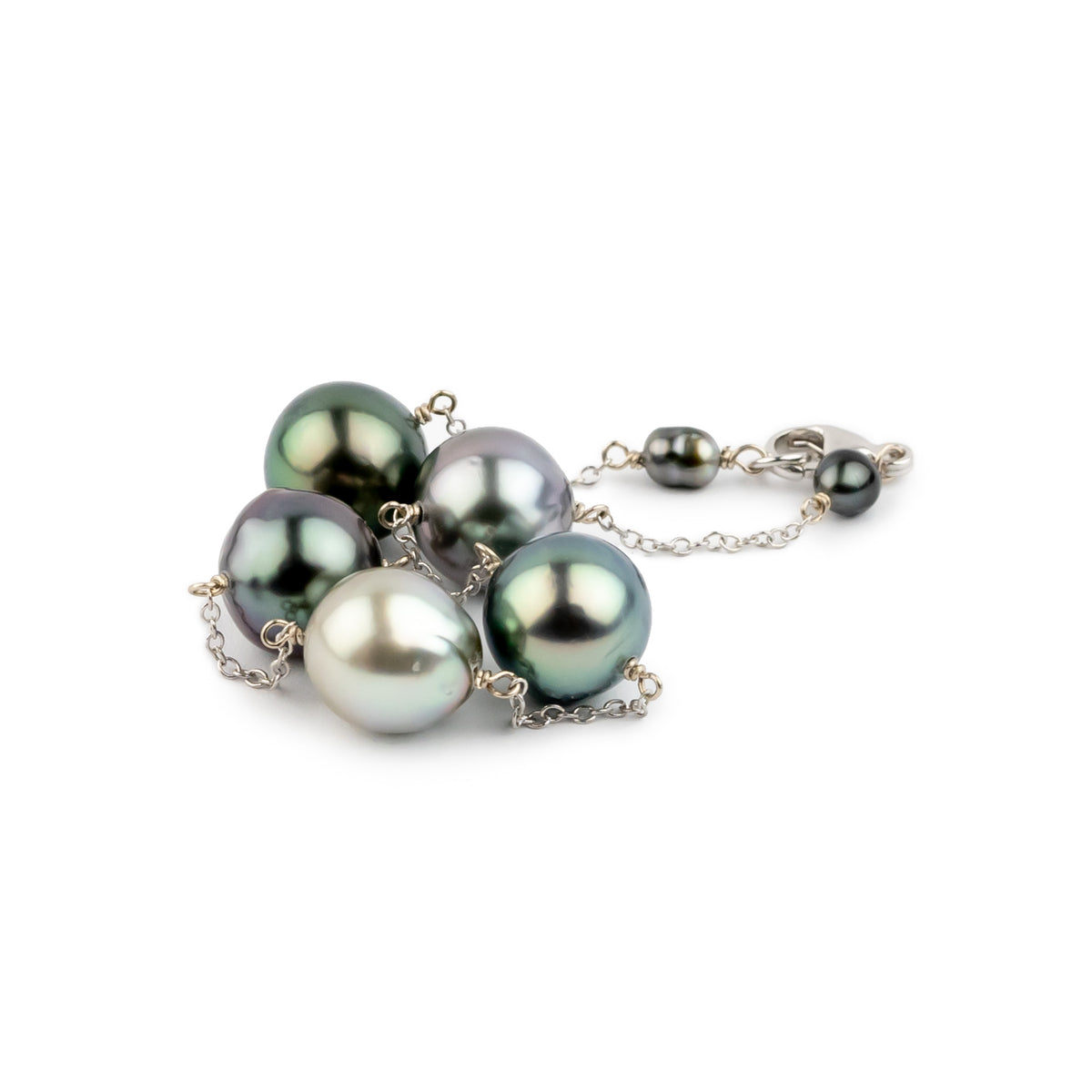 Dusky Lavender Green Baroque Tahitian Pearl Tin Cup Bracelet on 14k White Gold