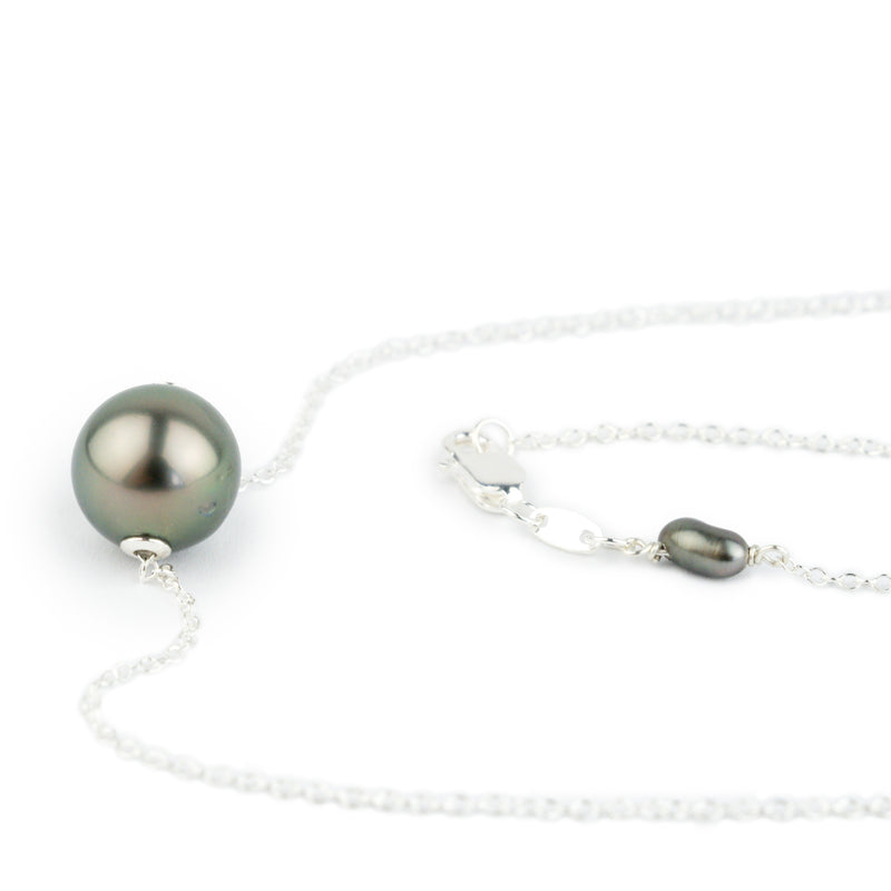 Peacock Green 9.8mm Tahitian Pearl Solitaire Necklace on Sterling Silver