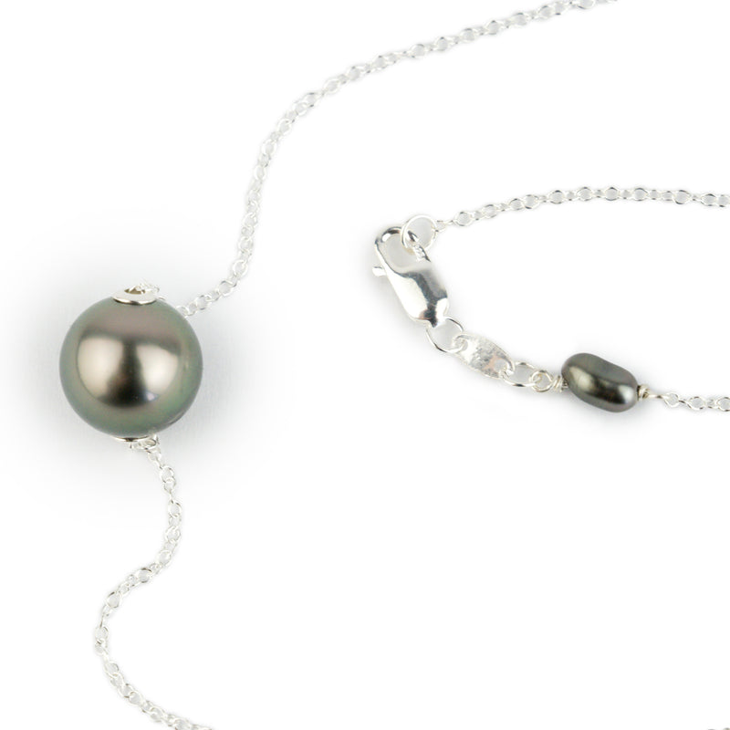 Peacock Green 9.8mm Tahitian Pearl Solitaire Necklace on Sterling Silver
