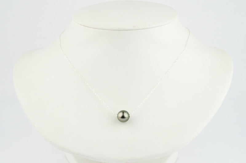 Peacock Green 9.8mm Tahitian Pearl Solitaire Necklace on Sterling Silver