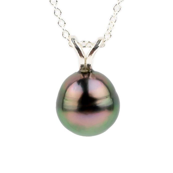 Plum Peacock 8.4mm Tahitian Pearl I'a Necklace on Sterling Silver