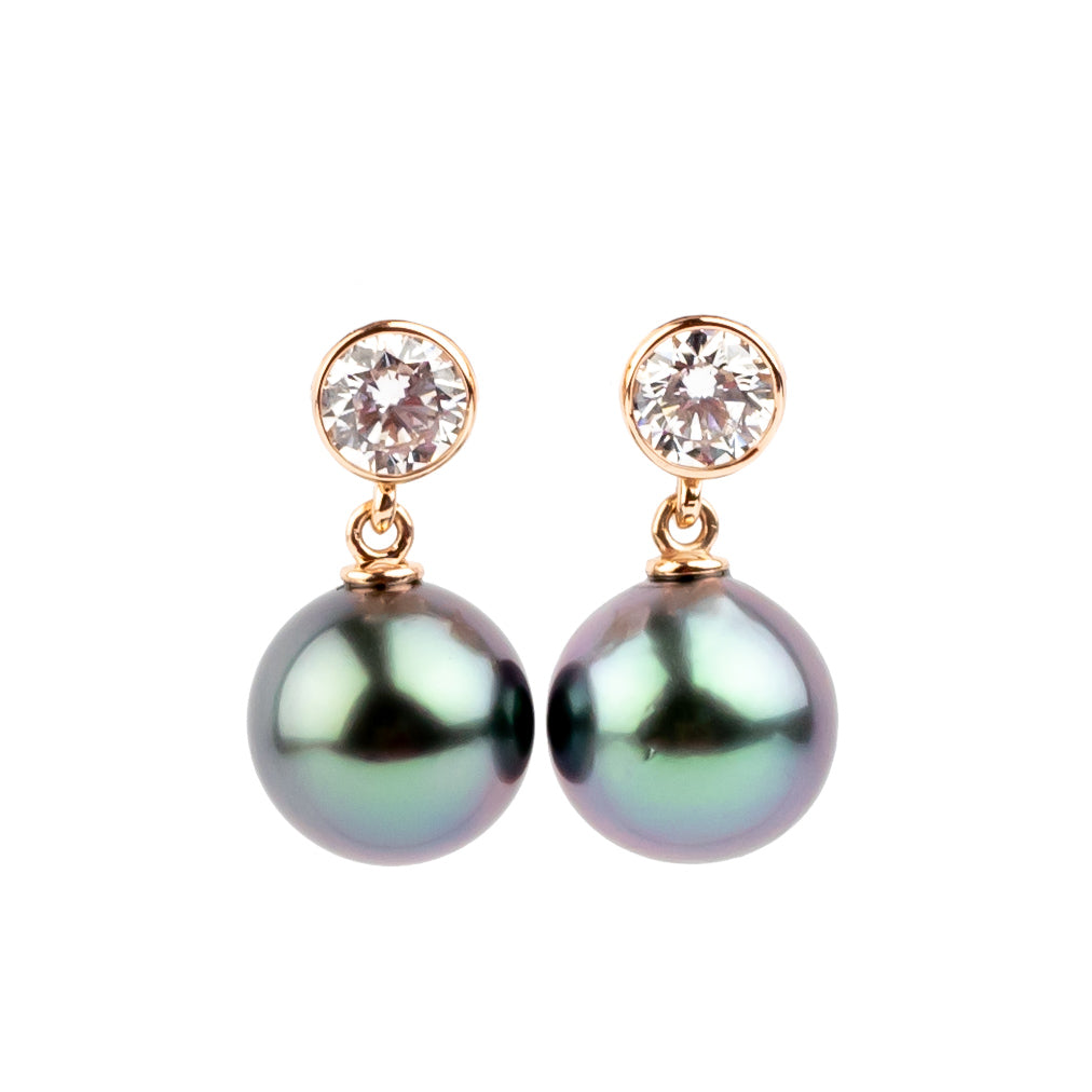 Tahitian Pearl & Diamond Nova Earrings on 14K Rose Gold