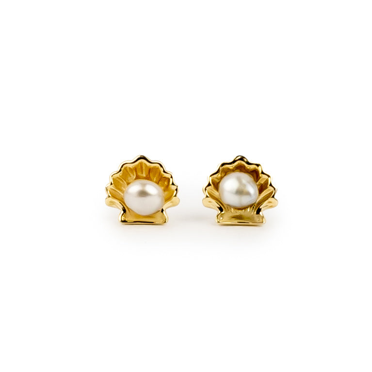 Tahitian White Keshi Pearl 14K Gold Seashell Stud Earrings