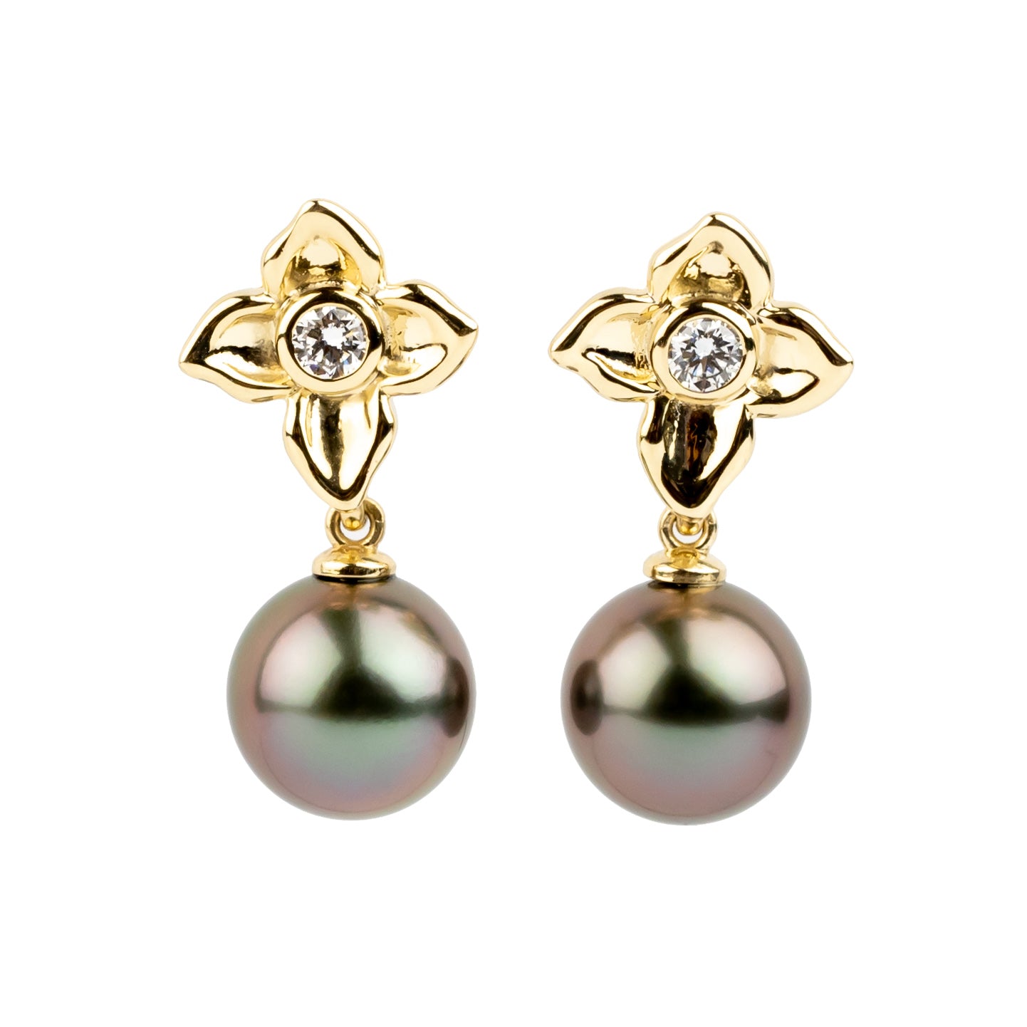 Aubergine Glow 10.3mm Tahitian Pearl Plumeria & Diamond Dangle Earrings
