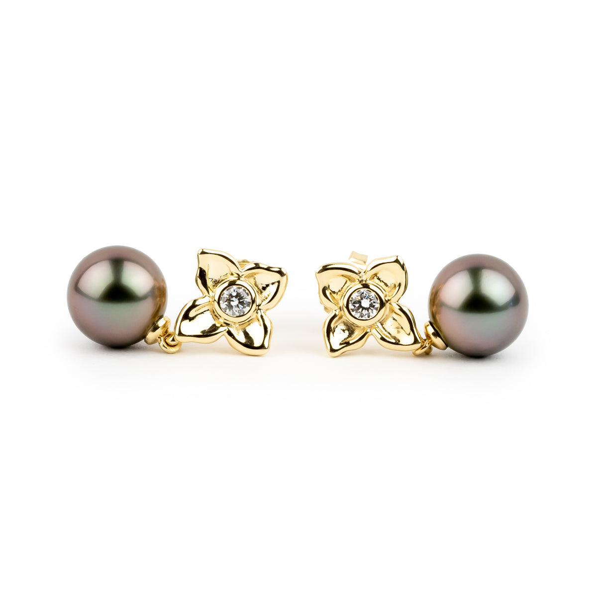 Aubergine Glow 10.3mm Tahitian Pearl Plumeria & Diamond Dangle Earrings