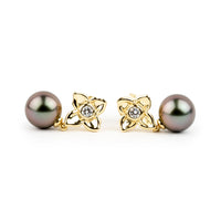 Aubergine Glow 10.3mm Tahitian Pearl Plumeria & Diamond Dangle Earrings