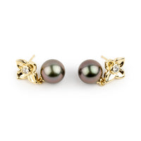 Aubergine Glow 10.3mm Tahitian Pearl Plumeria & Diamond Dangle Earrings