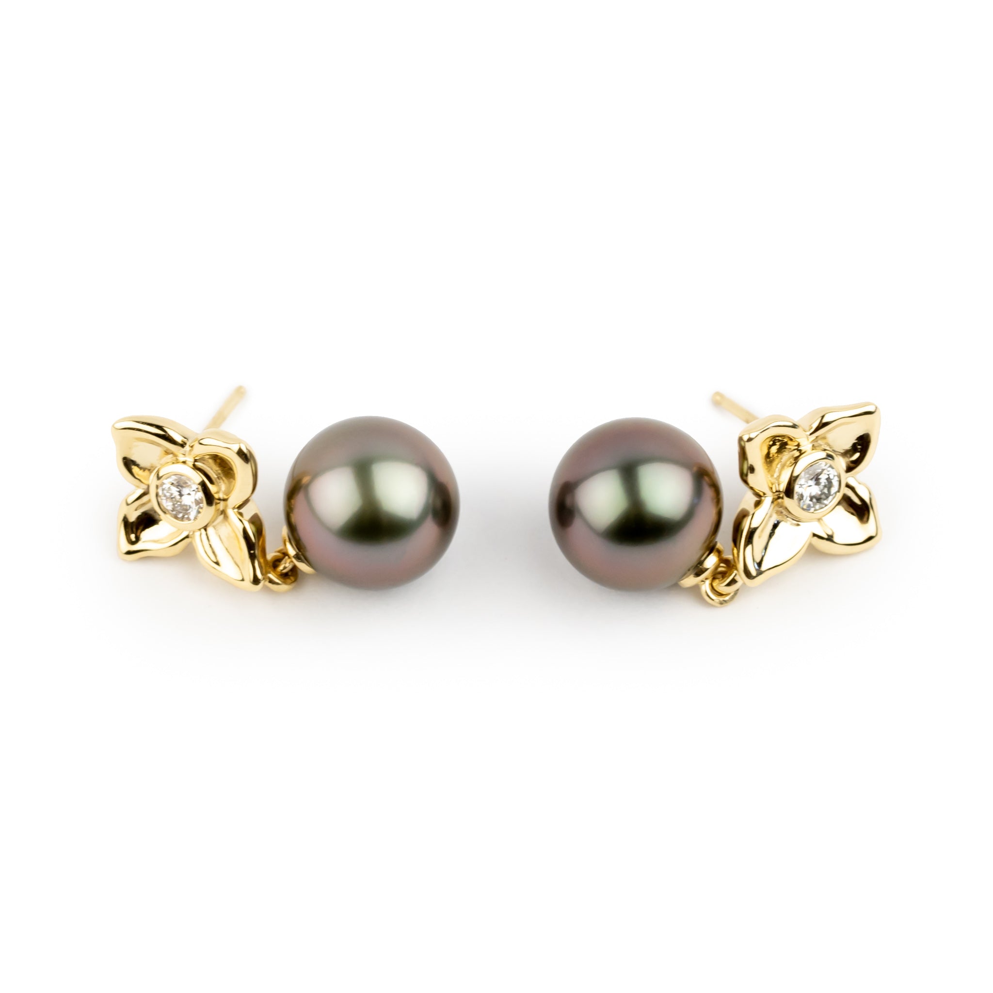 Aubergine Glow 10.3mm Tahitian Pearl Plumeria & Diamond Dangle Earrings