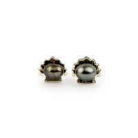 Dark Silvery Keshi Pearl Sterling Silver Seashell Stud Earrings