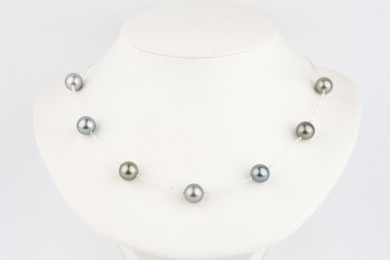 Silvery Blue Tin-Cup Tahitian Pearl Necklace on Sterling Silver