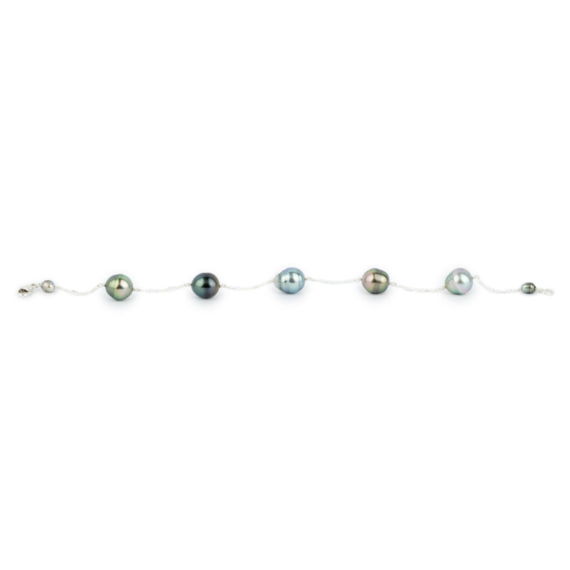 Multi Colorful Circled Tahitian Pearl Tin Cup Bracelet on Sterling Silver