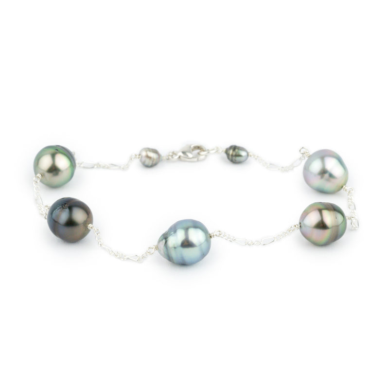 Multi Colorful Circled Tahitian Pearl Tin Cup Bracelet on Sterling Silver