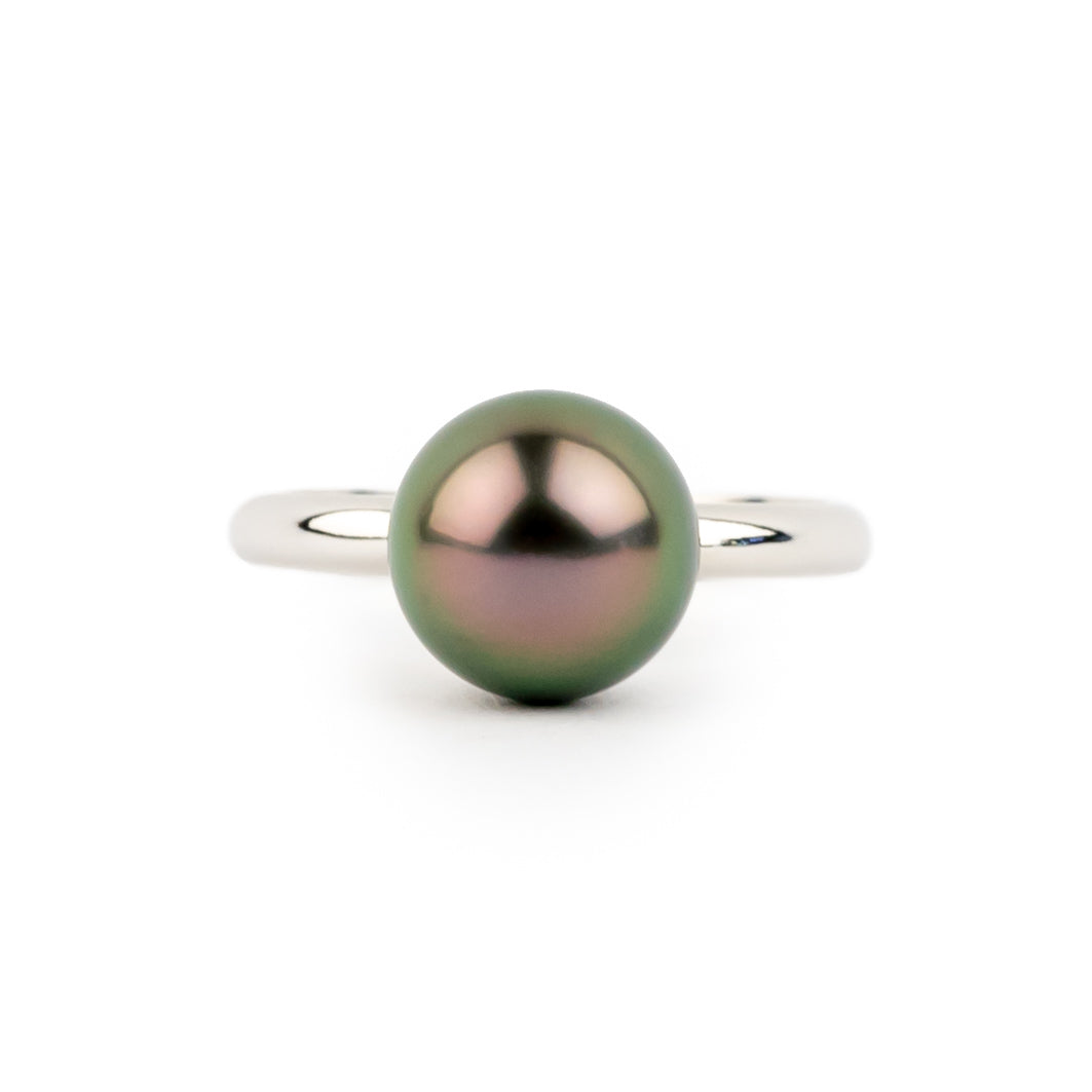 Aubergine Green 9.5mm Tahitian Pearl Ring on 14K White Gold