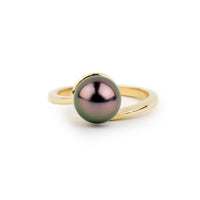 Plum Green 8.4mm Tahitian Pearl Swirl Ring on 14k Yellow Gold