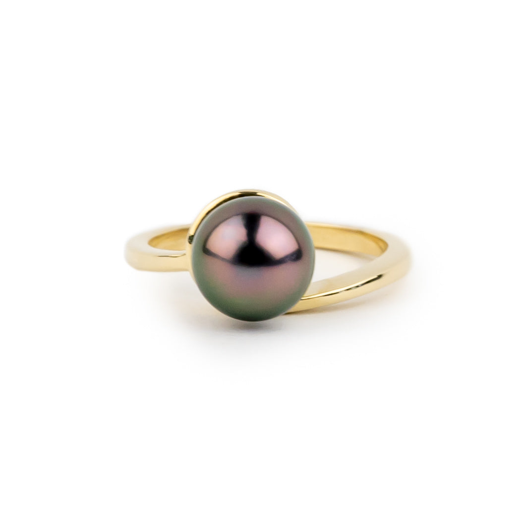 Plum Green 8.4mm Tahitian Pearl Swirl Ring on 14k Yellow Gold