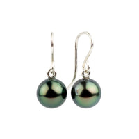 Deep Blue Green Tahitian Pearl Dangles on Sterling Silver