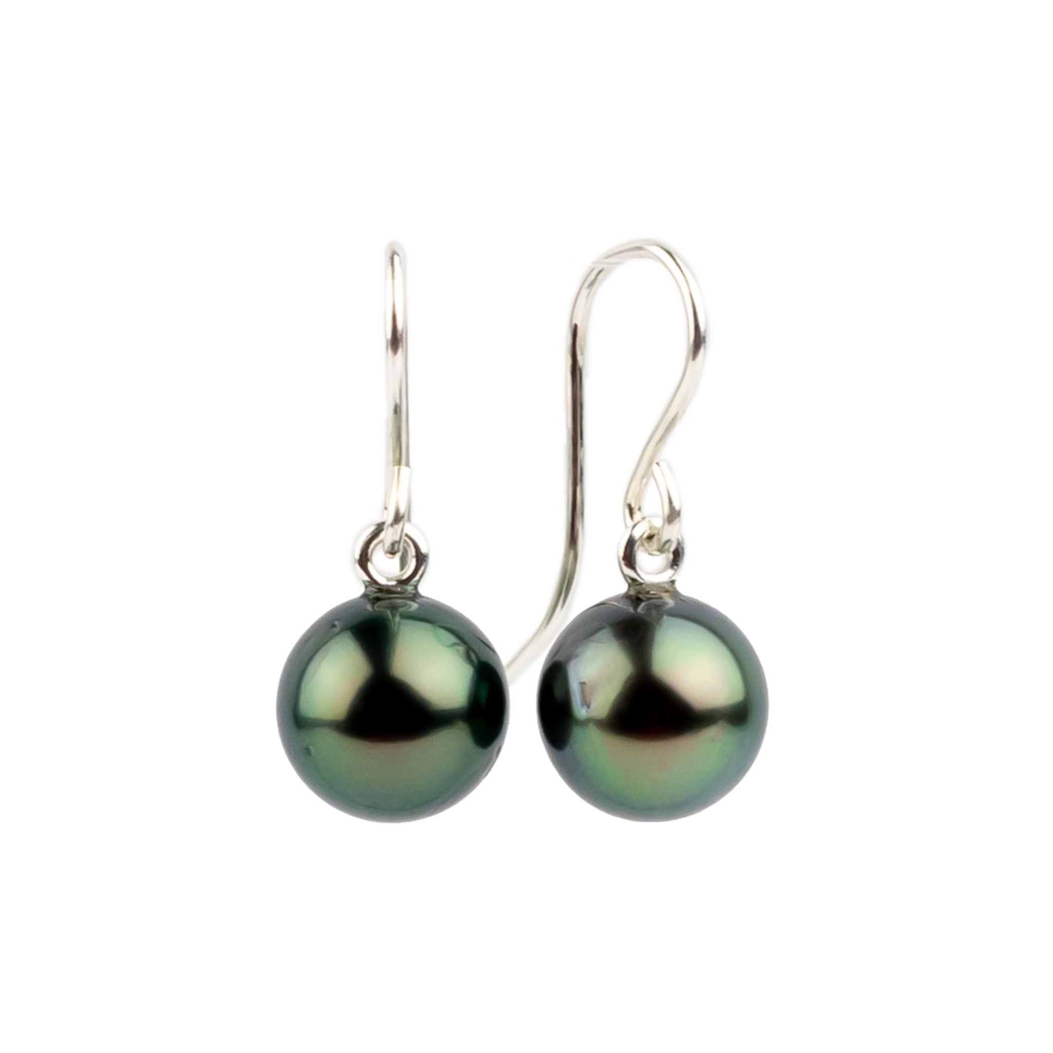 Deep Blue Green Tahitian Pearl Dangles on Sterling Silver