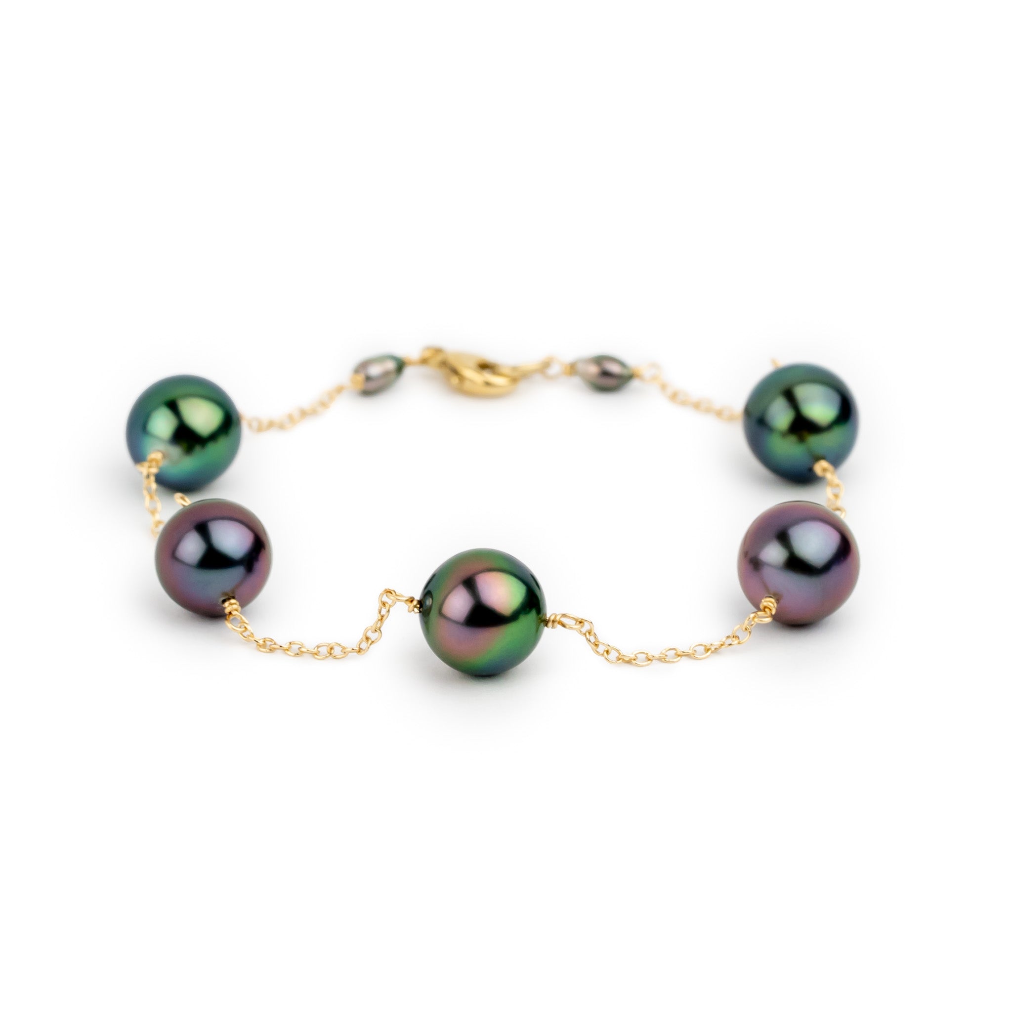 Purple Green Flash Tahitian Pearl Tin Cup Bracelet on 14K Yellow Gold