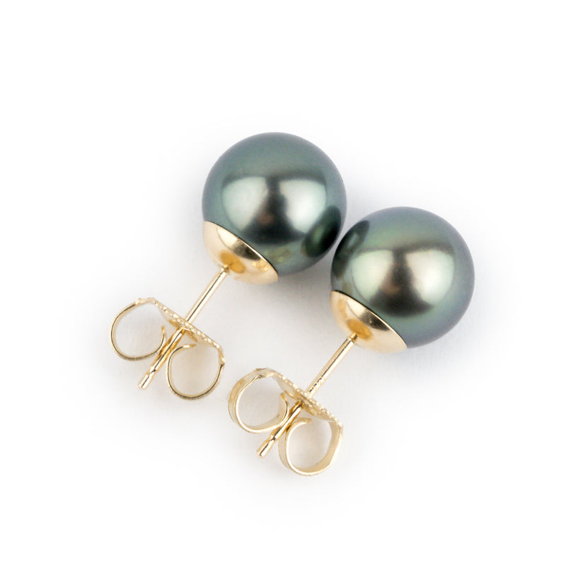 Silvery Blue-Green 9.2-9.5mm Tahitian Pearl Stud Earrings