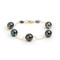 Deep Greens Tahitian Pearl Tin Cup Bracelet on 14K Yellow Gold