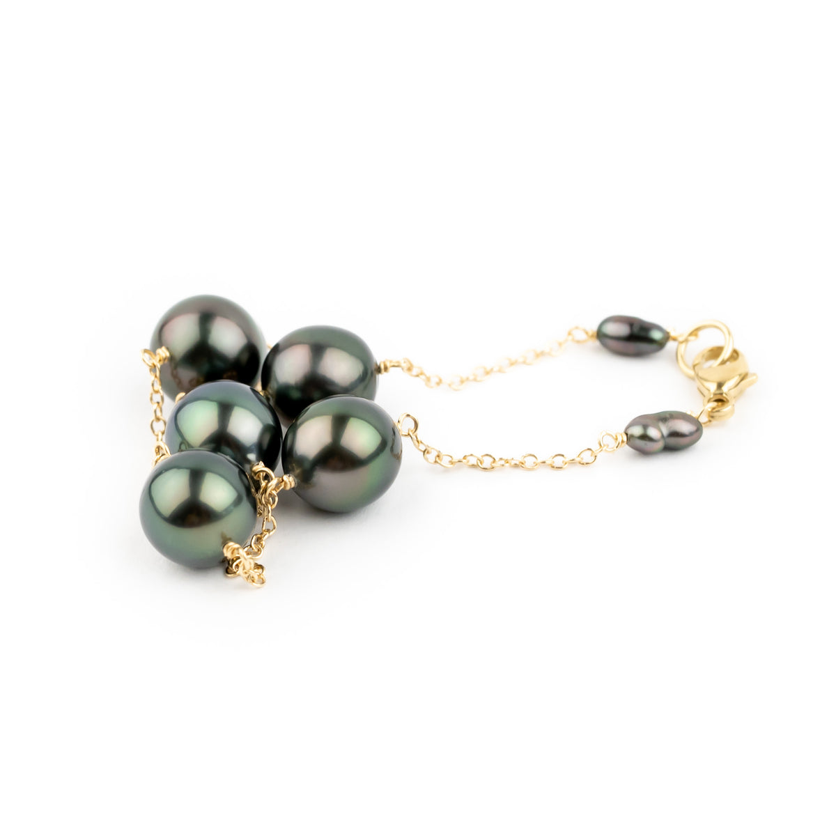 Deep Greens Tahitian Pearl Tin Cup Bracelet on 14K Yellow Gold