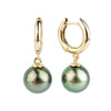 Vibrant Green Tahitian Pearl Huggie Hoop Earrings on 14K Gold