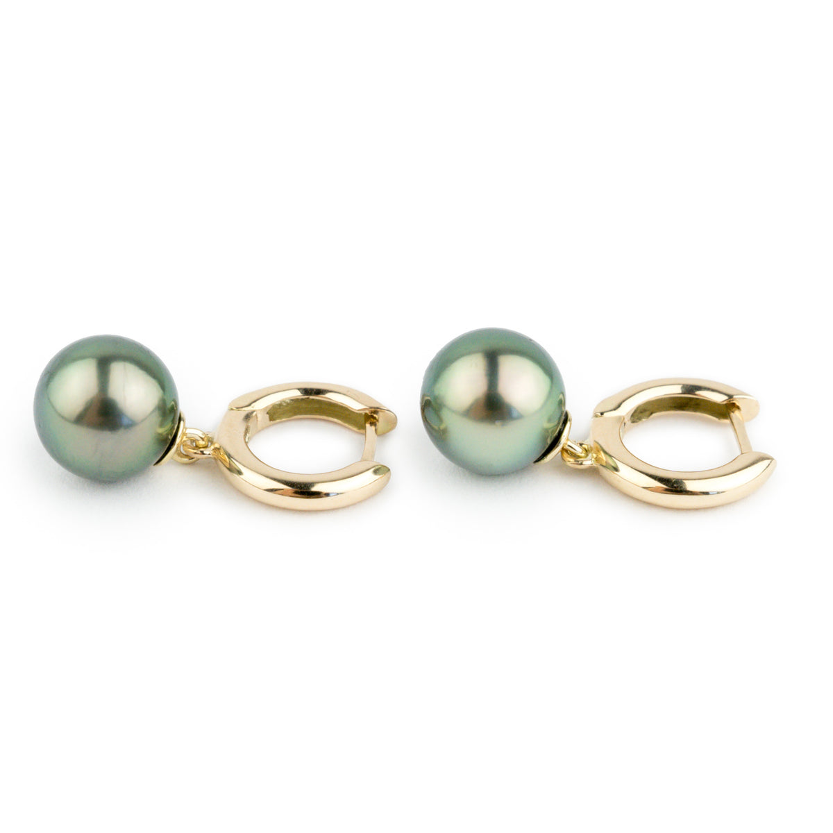 Vibrant Green Tahitian Pearl Huggie Hoop Earrings on 14K Gold