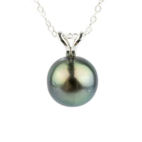 Blue-Green Peacock 9.2mm Tahitian Pearl I'a Necklace on Sterling Silver