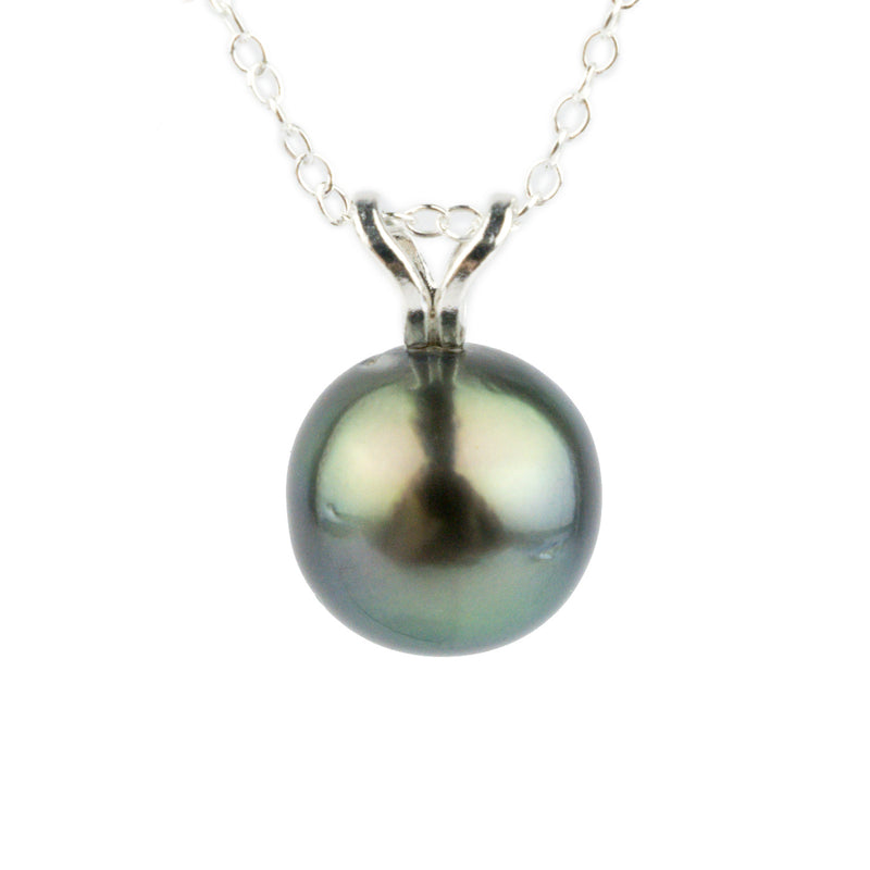 Blue-Green Peacock 9.2mm Tahitian Pearl I'a Necklace on Sterling Silver