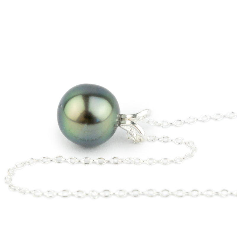 Blue-Green Peacock 9.2mm Tahitian Pearl I'a Necklace on Sterling Silver