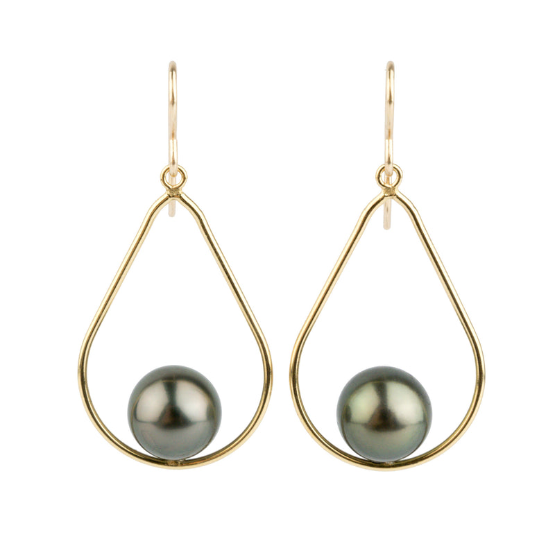 Deep Green Tahitian Pearl Teardrop Dangle Earrings