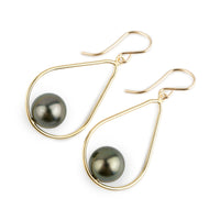 Deep Green Tahitian Pearl Teardrop Dangle Earrings