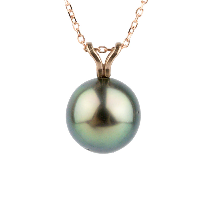 Peacock Green 9.6mm Tahitian Pearl I'a Necklace on 14K Rose Gold