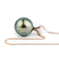 Peacock Green 9.6mm Tahitian Pearl I'a Necklace on 14K Rose Gold