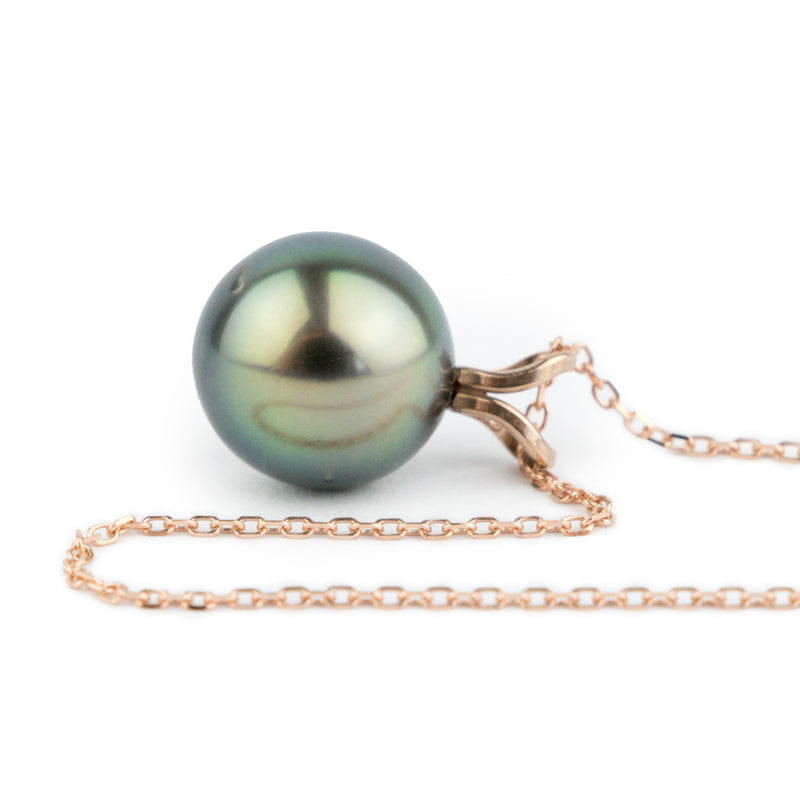 Peacock Green 9.6mm Tahitian Pearl I'a Necklace on 14K Rose Gold