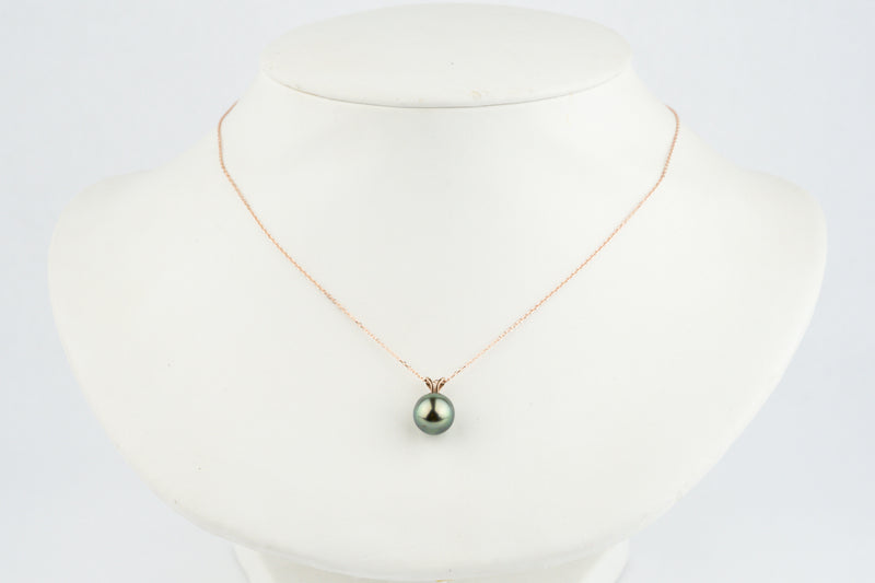 Peacock Green 9.6mm Tahitian Pearl I'a Necklace on 14K Rose Gold