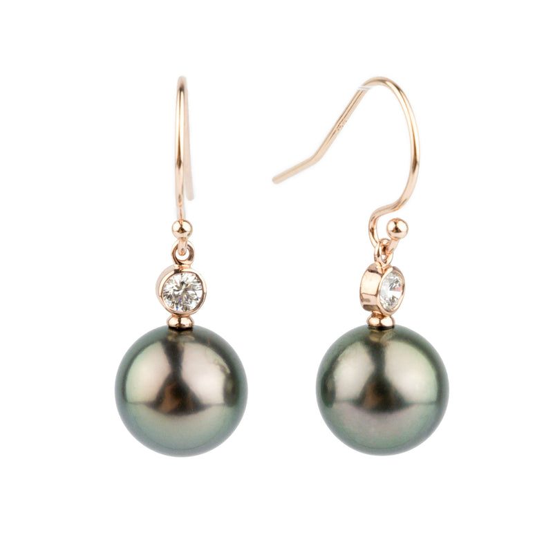 Tahitian Pearl & Diamond Aurora French Hook Earrings on 14K Rose Gold