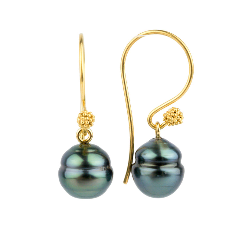 Indigo-Green Circled Tahitian Pearl Gold Vermeil Hook Earrings