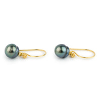 Indigo-Green Circled Tahitian Pearl Gold Vermeil Hook Earrings