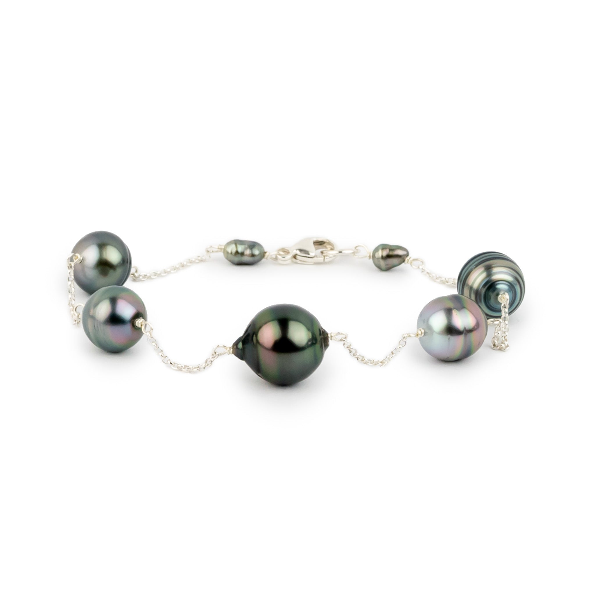 Cool Tones Circled Tin-Cup Tahitian Pearl Bracelet on Sterling Silver