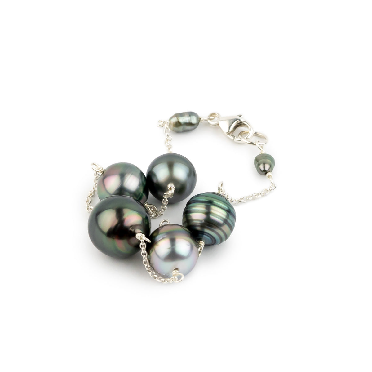 Cool Tones Circled Tin-Cup Tahitian Pearl Bracelet on Sterling Silver