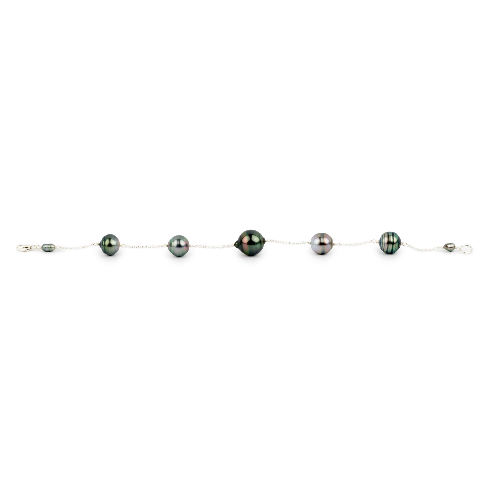 Cool Tones Circled Tin-Cup Tahitian Pearl Bracelet on Sterling Silver