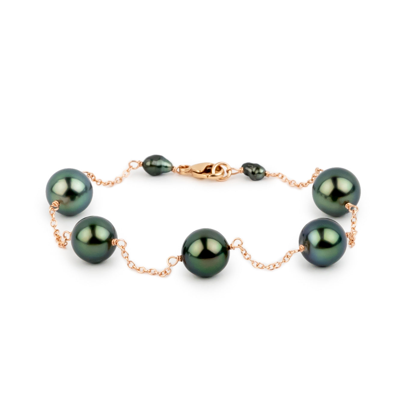 Luscious Green Tahitian Pearl Tin Cup Bracelet on 14K Rose Gold