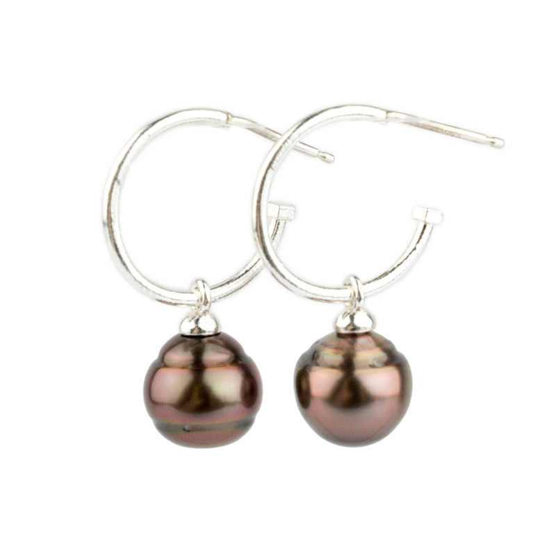 Aubergine Circled Tahitian Pearl Hoop Earrings on Sterling Silver