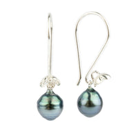 Indigo Circled Tahitian Pearl Hibiscus Hook Earrings